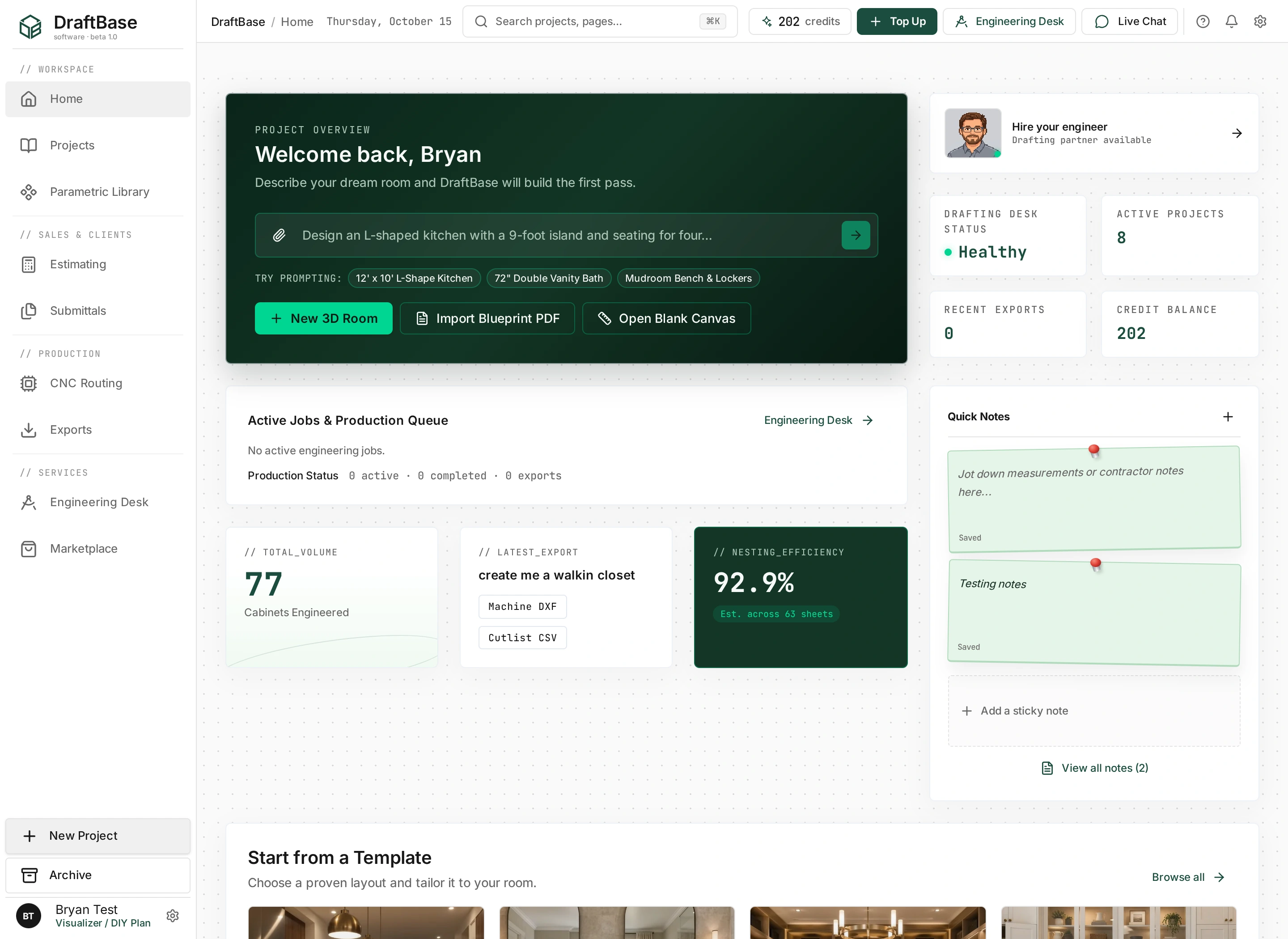 DraftBase Home page from the test account