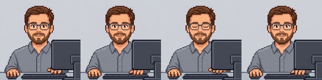 Pixel drafting partner typing at his desk