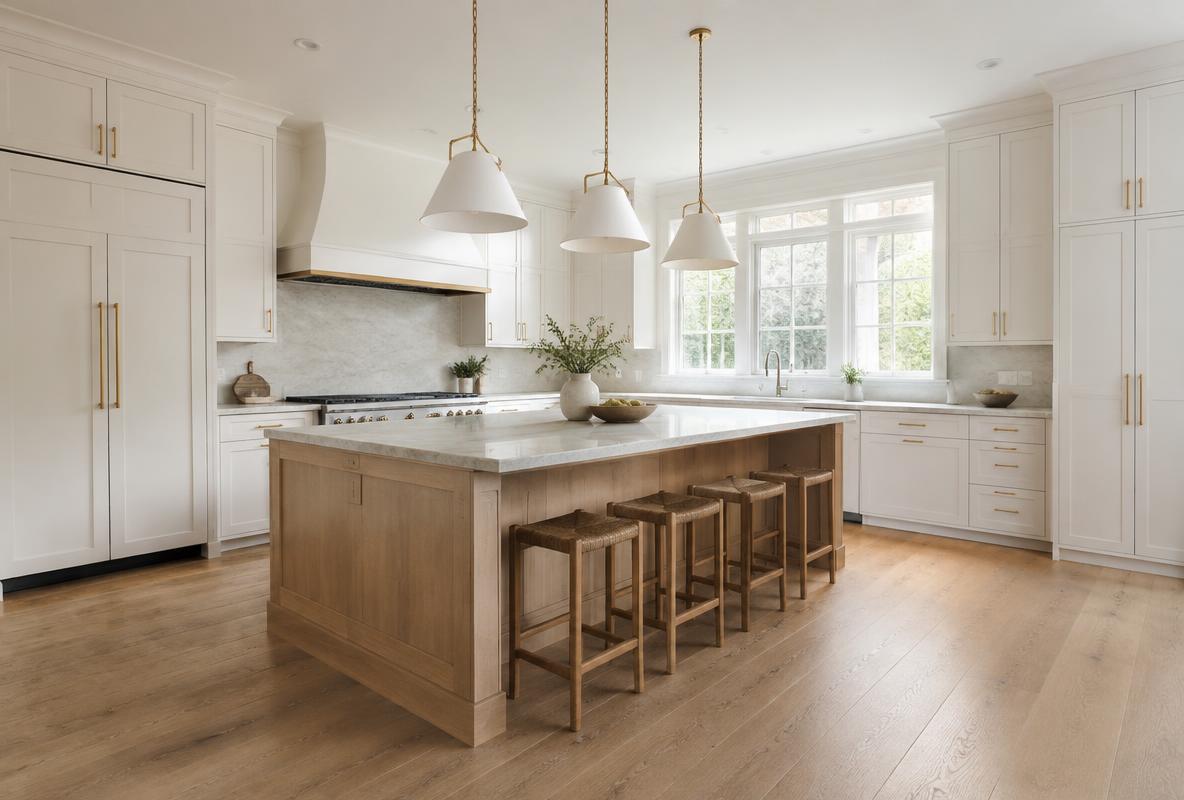 3D render of a bright Shaker gallery kitchen
