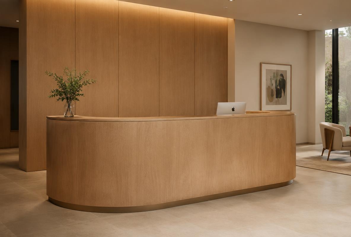 3D render of a curved rift oak reception desk