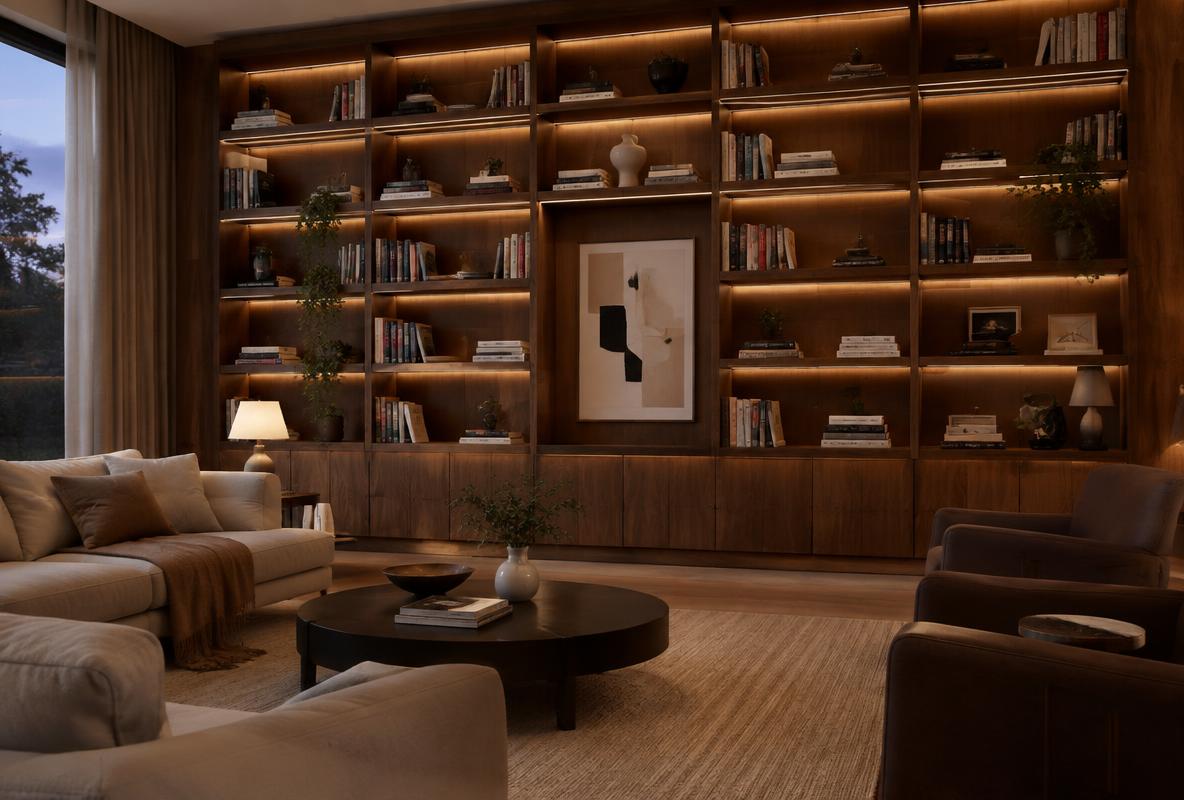 3D render of a library wall with integrated lighting